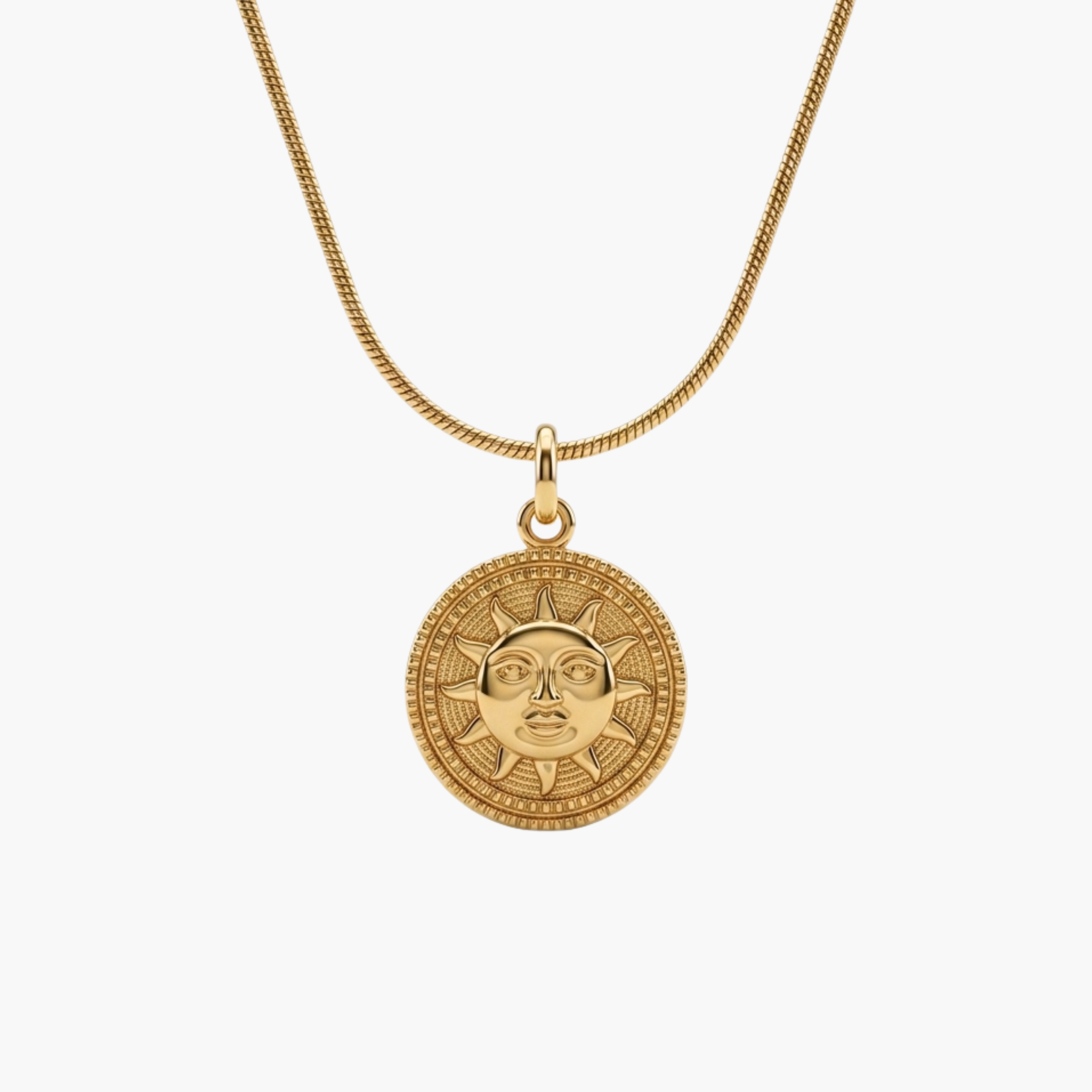 Collana Sole Talisman Medal VANDEM in acciaio oro, collana da uomo completa di catena snake e ciondolo medaglione tondo con sole inciso