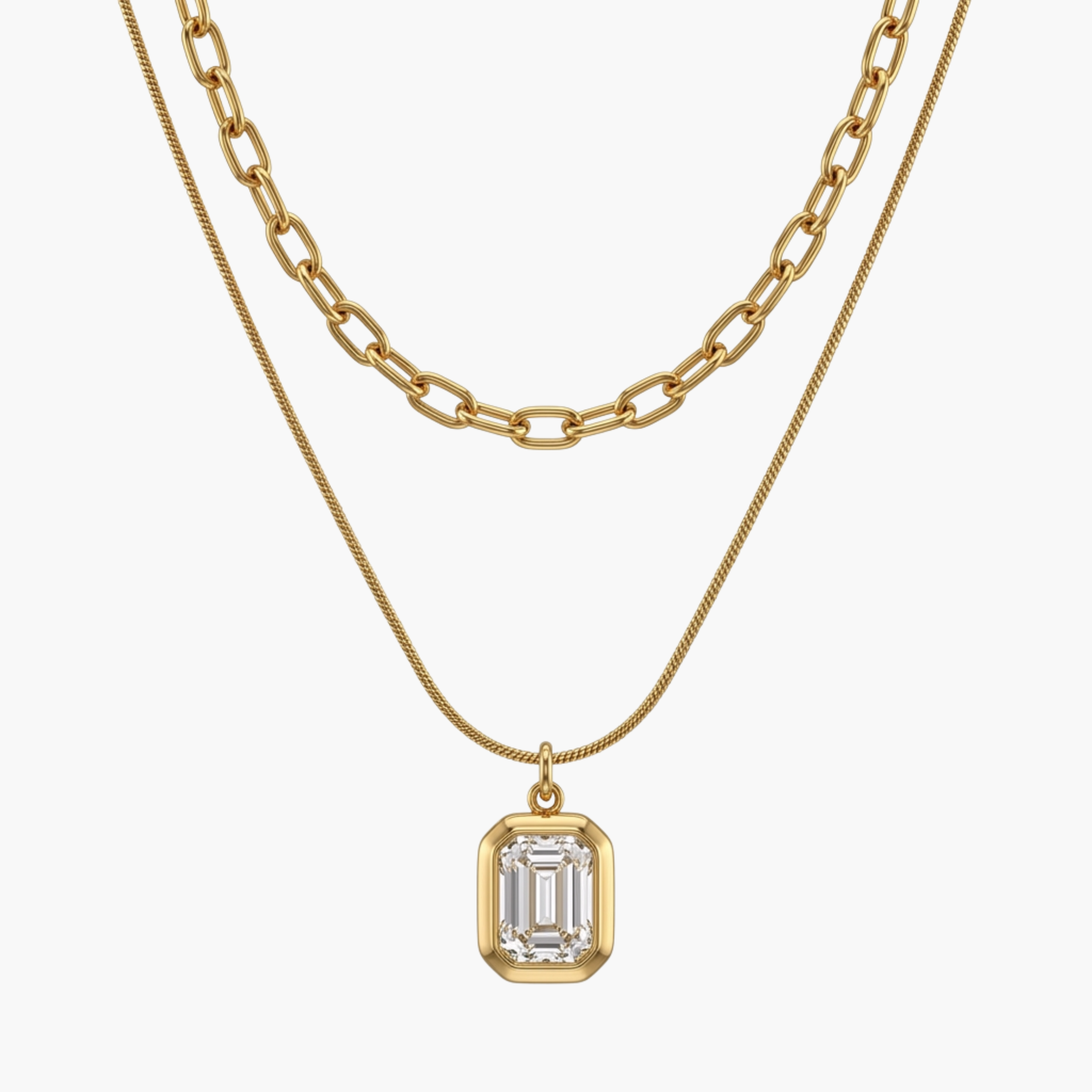 Doppia Collana Zircone Emerald Stack VANDEM in acciaio oro, set 2 collane da uomo con catena snake, catena a maglie e ciondolo rettangolare verde lucido