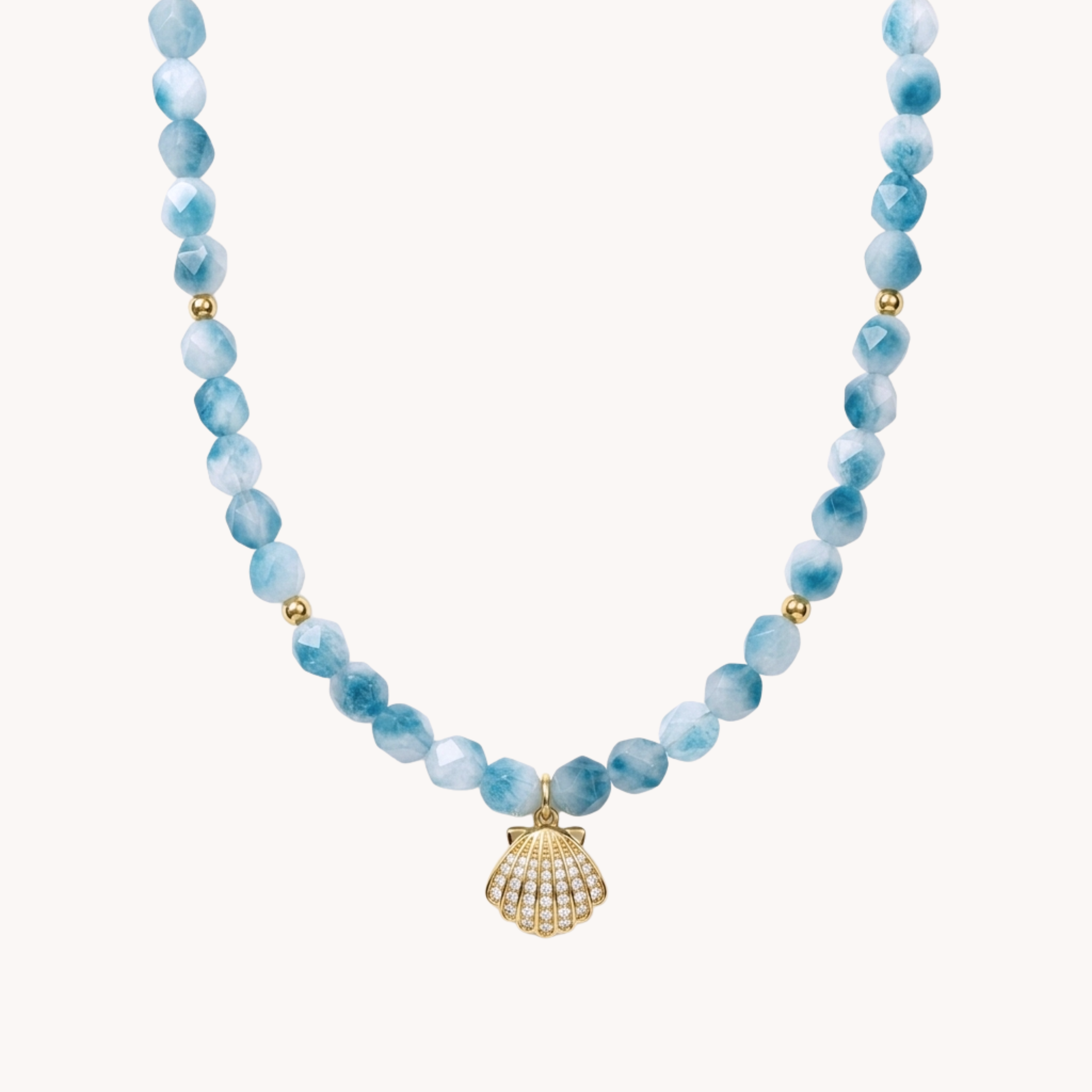 Girocollo Shell Shine Caribbean VANDEM in acciaio oro, collana da donna con grandi pietre azzurre sfaccettate e pendente a conchiglia di strass bianchi