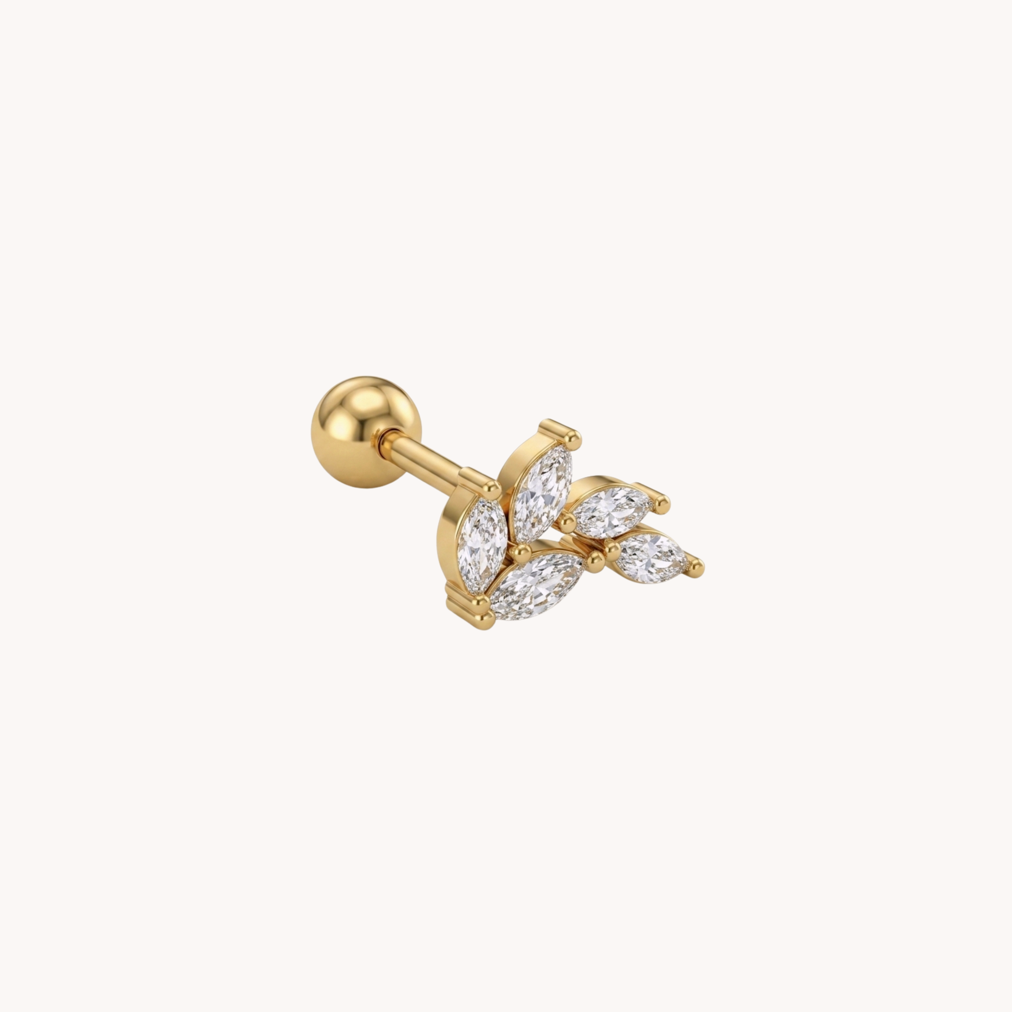 Piercing Foglie Botanical Marquise VANDEM in acciaio oro, piercing singolo da donna a rametto con quattro zirconi bianchi a forma di foglia