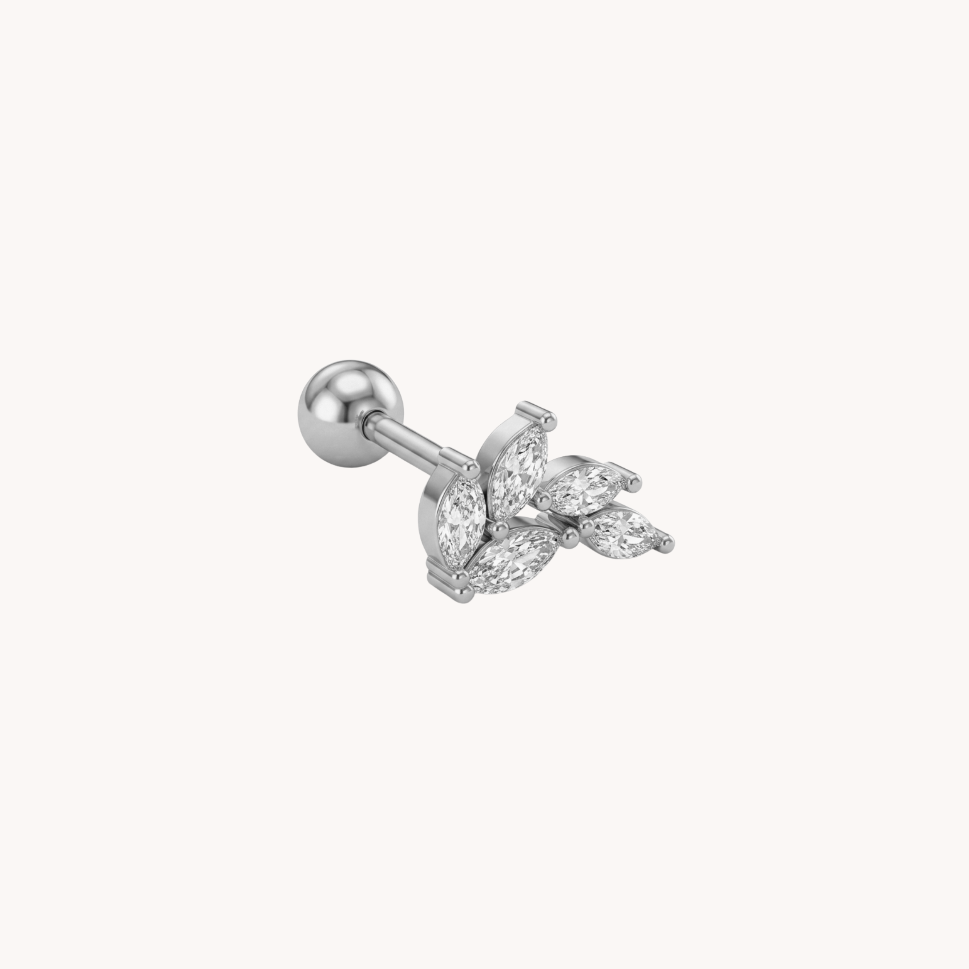 Piercing Foglie Botanical Marquise VANDEM in acciaio oro, piercing singolo da donna a rametto con quattro zirconi bianchi a forma di foglia