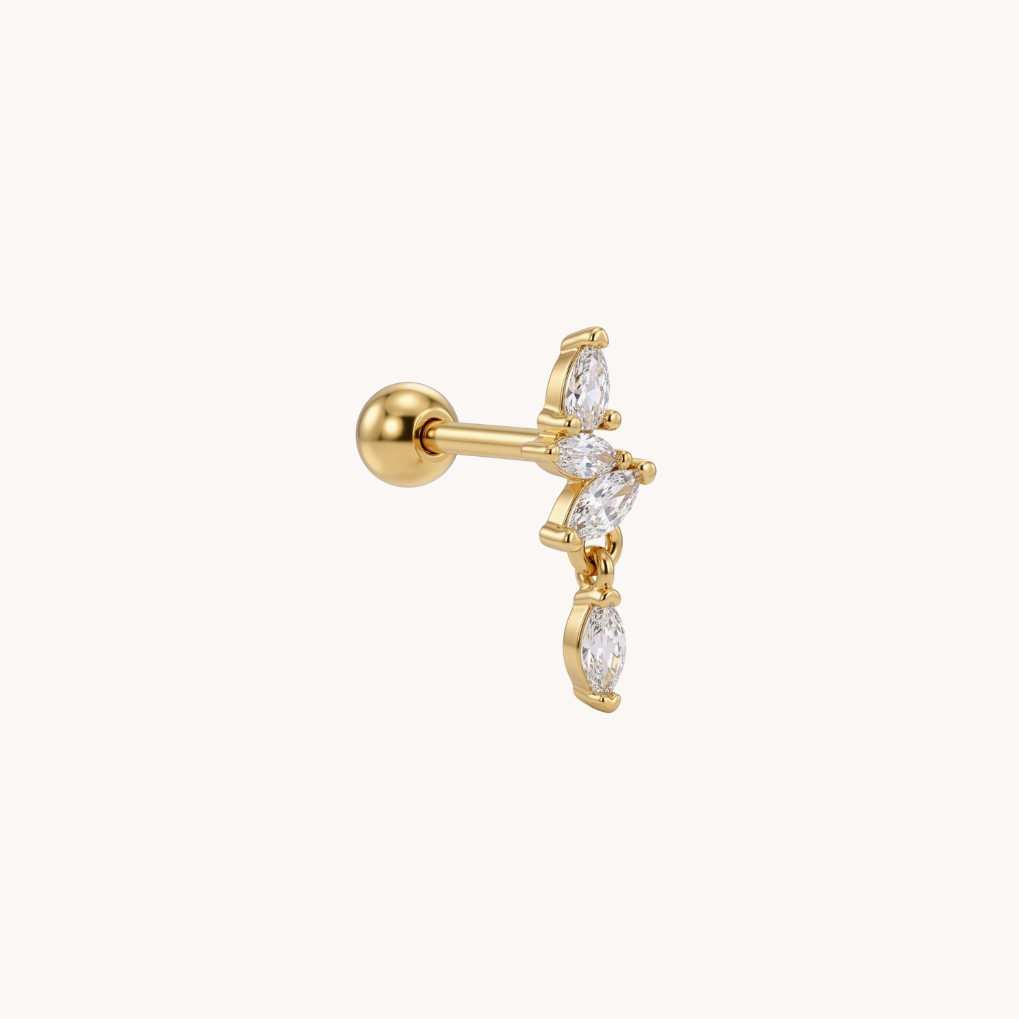 Piercing Marquise Constellation VANDEM in acciaio oro, mono orecchino singolo a perno con tre zirconi a taglio navette e chiusura a sfera avvitabile